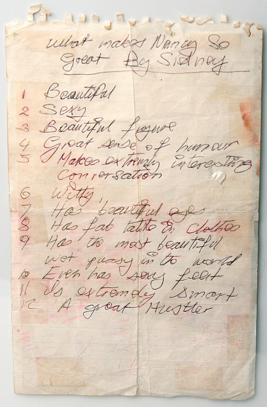 Sid Vicious hand-written list of Nancy Spungen qualities