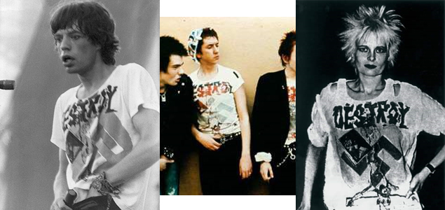 Mick Jagger, Steve Jones (Sex Pistols) & Vivienne Westwood all wearing the DESTROY swastika shirt.  PunkMetalRap.com